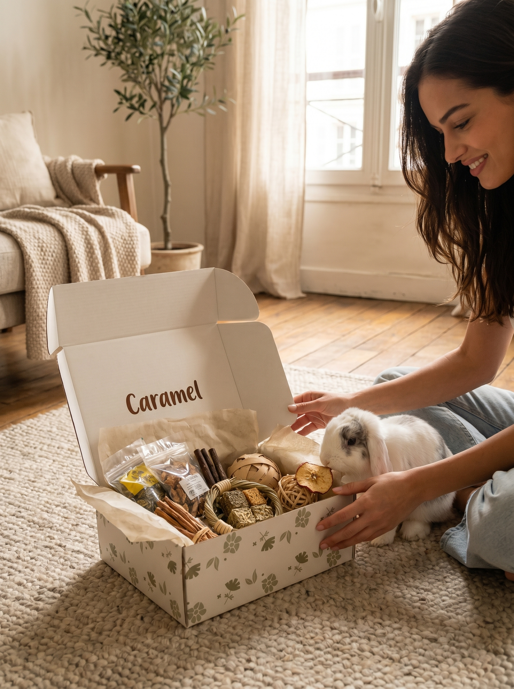 Propriétaire découvrant une box personnalisée avec son lapin